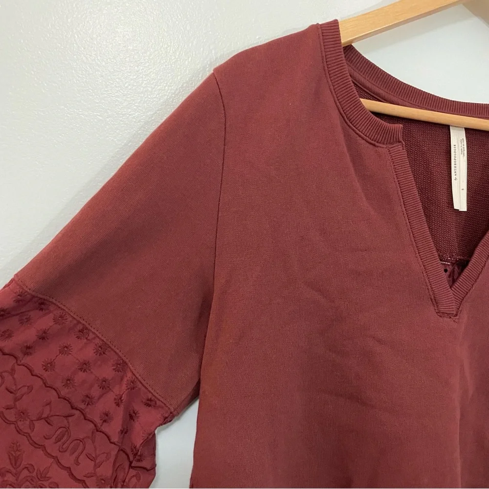 Anthropologie Plum Wine Eyelet Lace Puffy Sleeves Oversized Top Size S